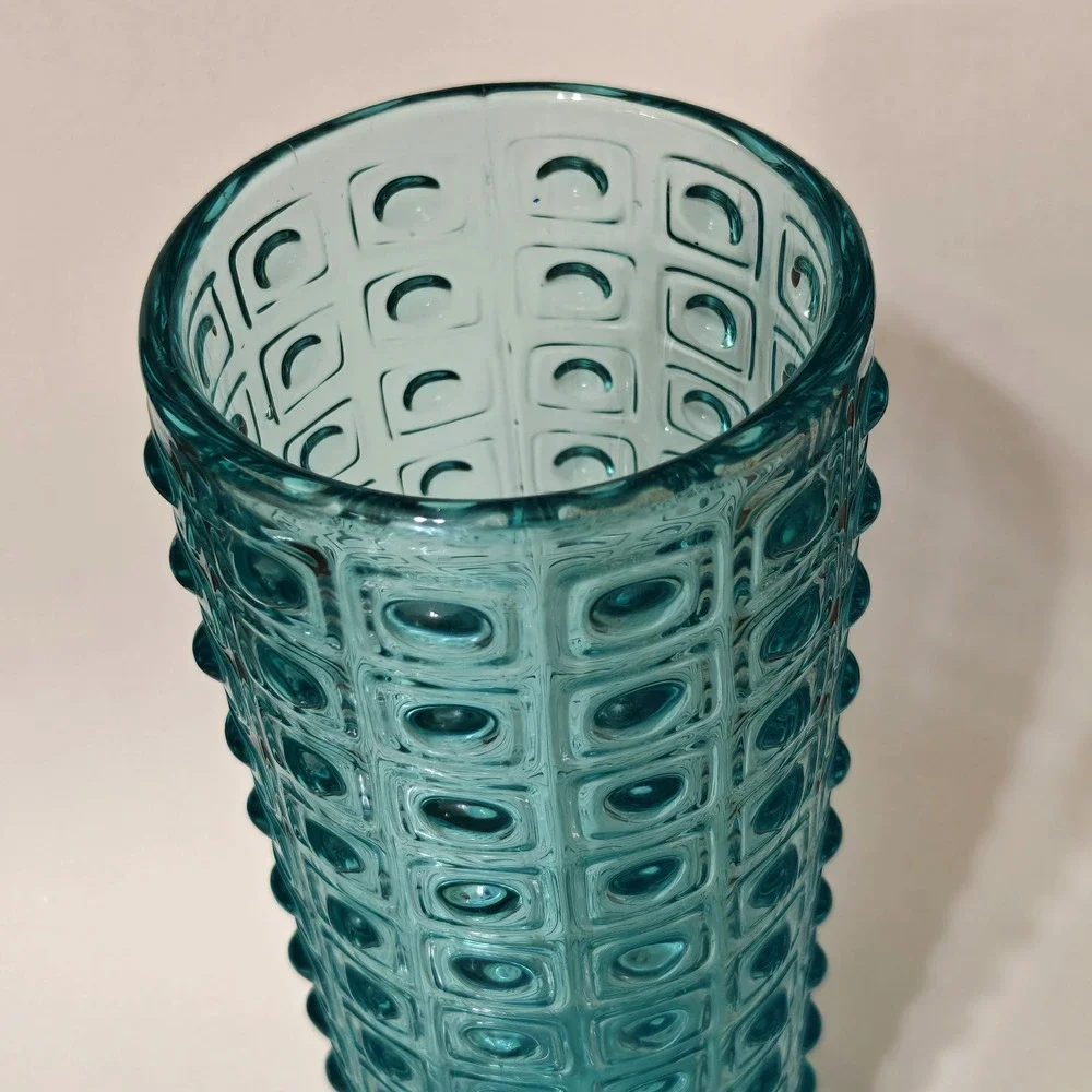 MCM Sklo Union Art Glass Vase Turquoise Blue Geometric Czech Vintage 60s Hobnail
